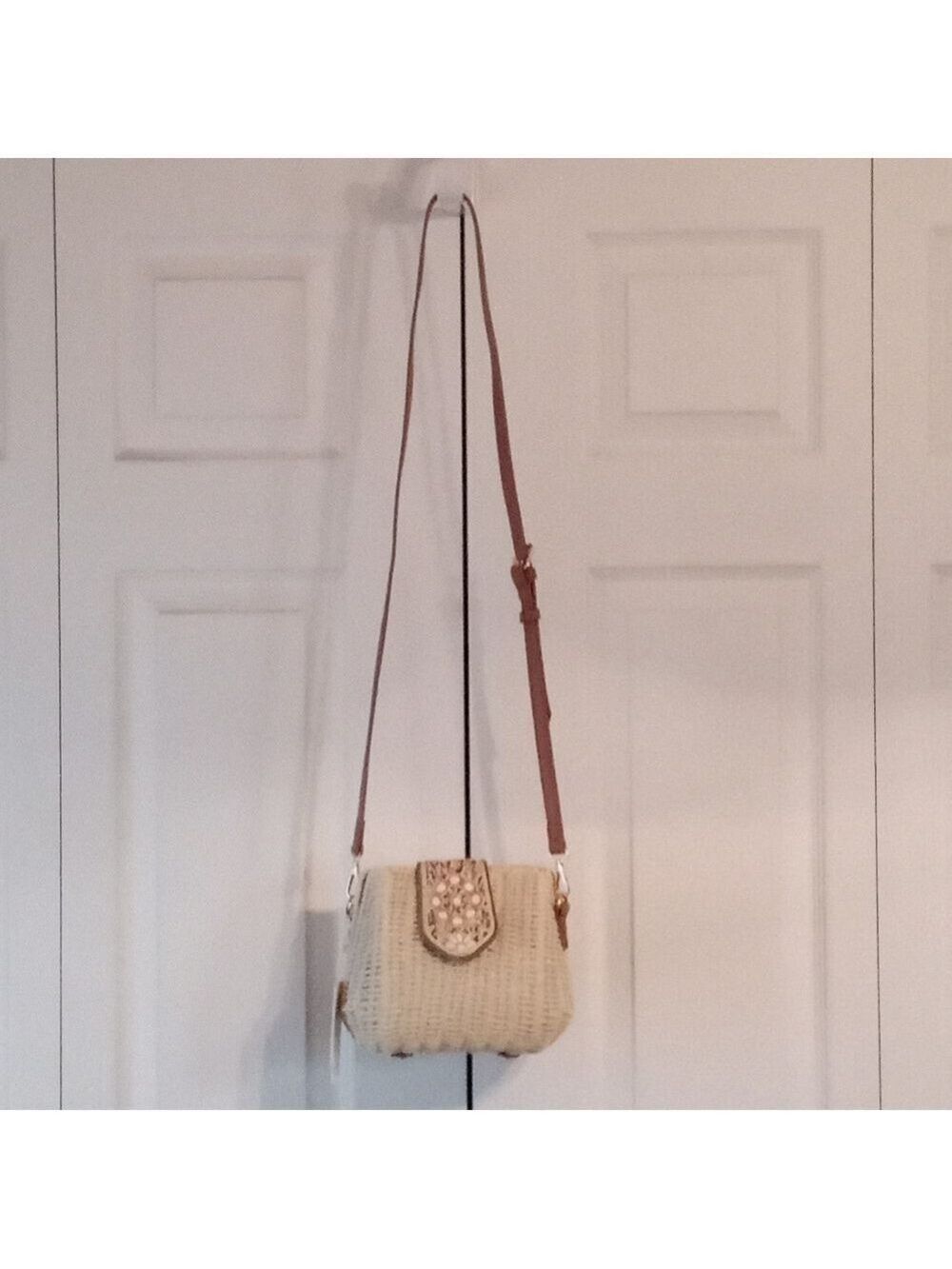NWT Emperia Natural Straw And Vegan Leather Crossbody Bag With Beaded Accents - Picture 12 of 12